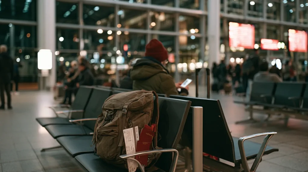 Worn backpack with a one-way boarding pass on an airport bench late at night