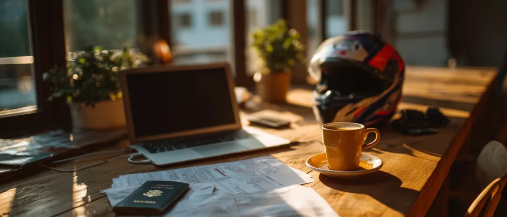 Digital nomad's hostel table with laptop, printed insurance policy, scooter helmet and passport