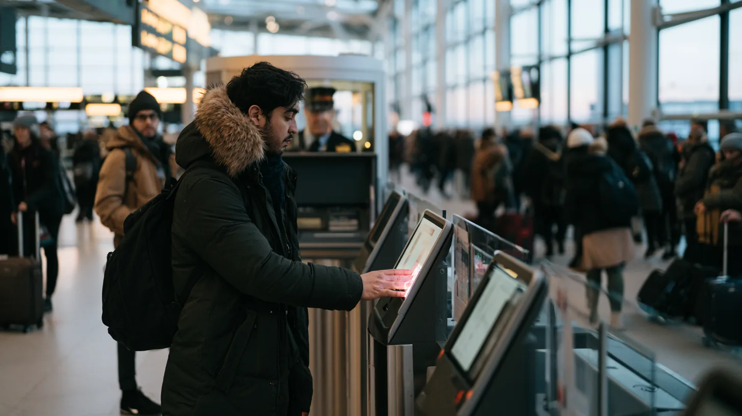 Traveller using a self-service biometric kiosk at a European airport border