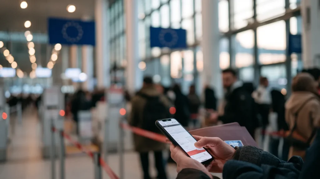 Hands holding a passport and a phone at a European airport border area