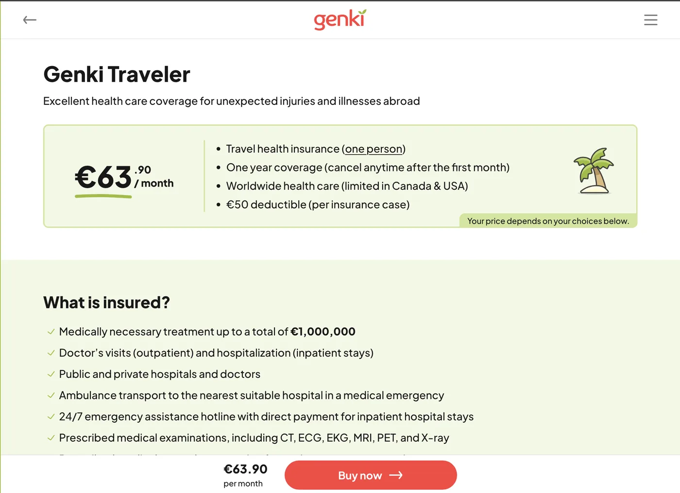 Genki Traveler quote result showing EUR 63.90 per month at age 30, Spain region
