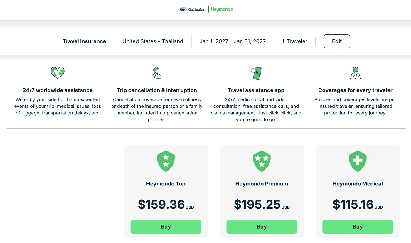 Heymondo quote result for one month US to Thailand, January 2027: Medical $115.16, Top $159.36, Premium $195.25
