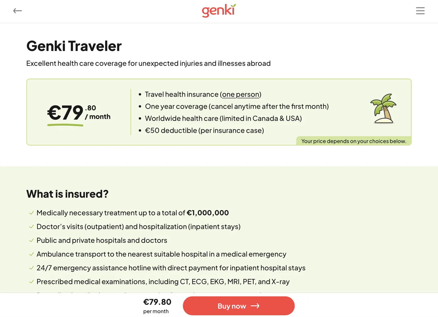 Genki Traveler quote result showing EUR 79.80 per month at age 45, Spain region