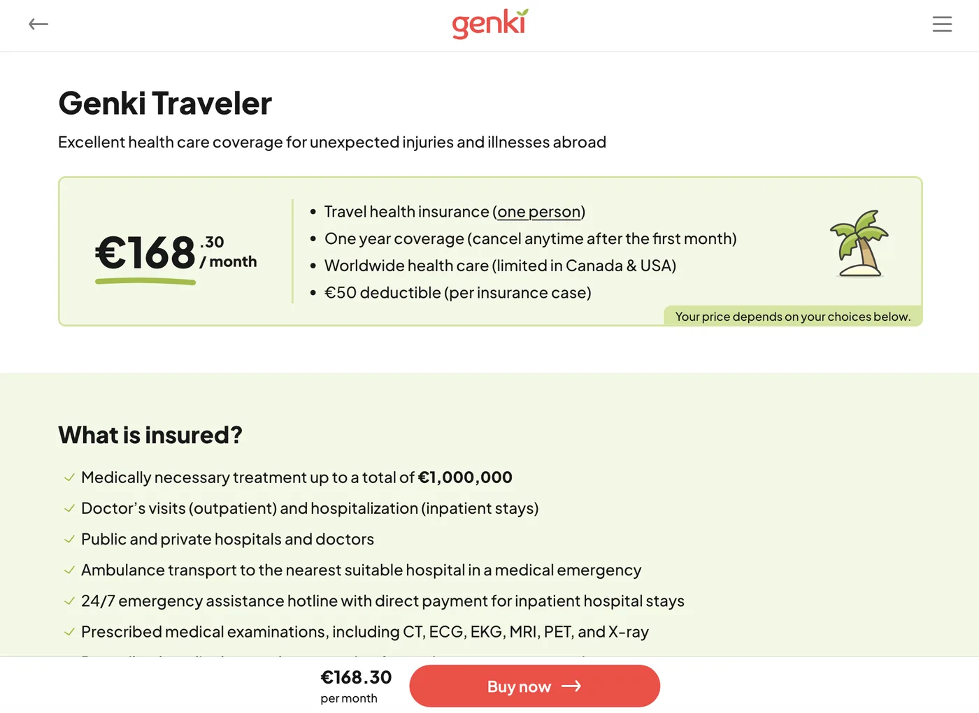 Genki Traveler quote result showing EUR 168.30 per month at age 60, Spain region