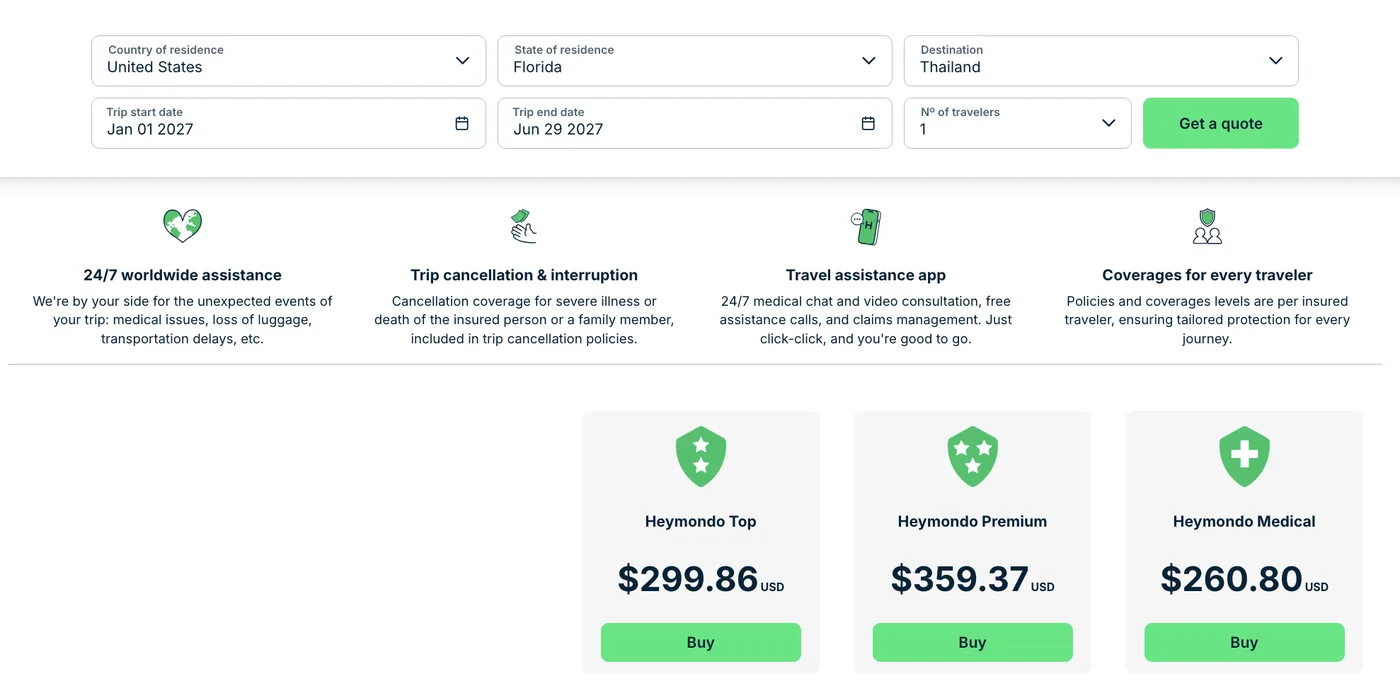 Heymondo quote for a 180-day US-to-Thailand trip showing single-trip tiers: Top $299.86, Premium $359.37, Medical $260.80