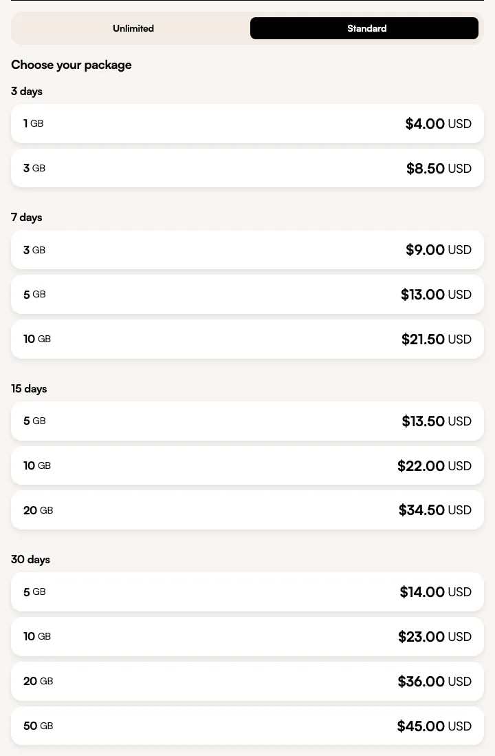 Airalo Switzerland Standard tab: fixed packs from 4 dollars for 1GB over 3 days to 45 dollars for 50GB