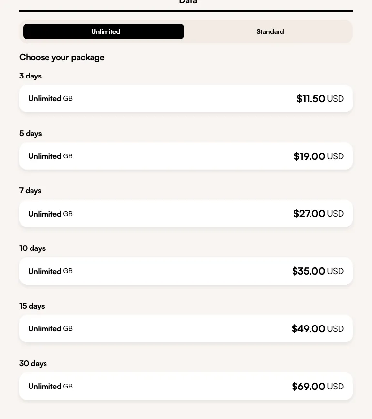 Airalo China unlimited menu: 11.50 dollars for 3 days up to 69 dollars for 30 days