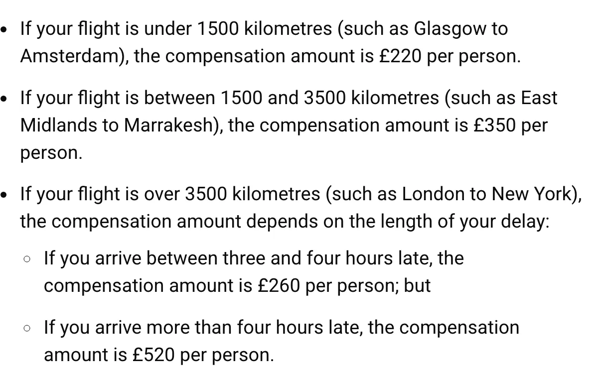 UK CAA compensation tiers: 220 and 350 pounds, long-haul 260 pounds for 3 to 4 hours late and 520 past 4 hours