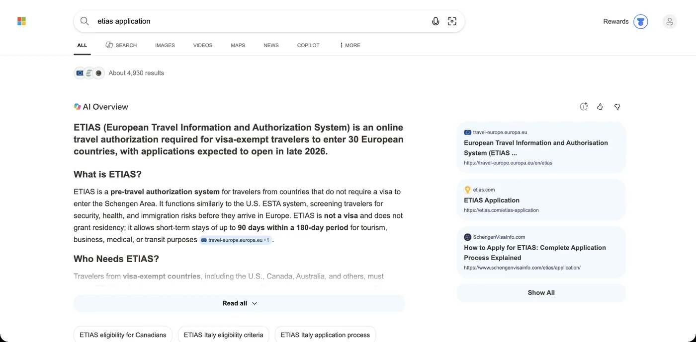 Search results for etias application showing the official europa.eu site beside unofficial application services