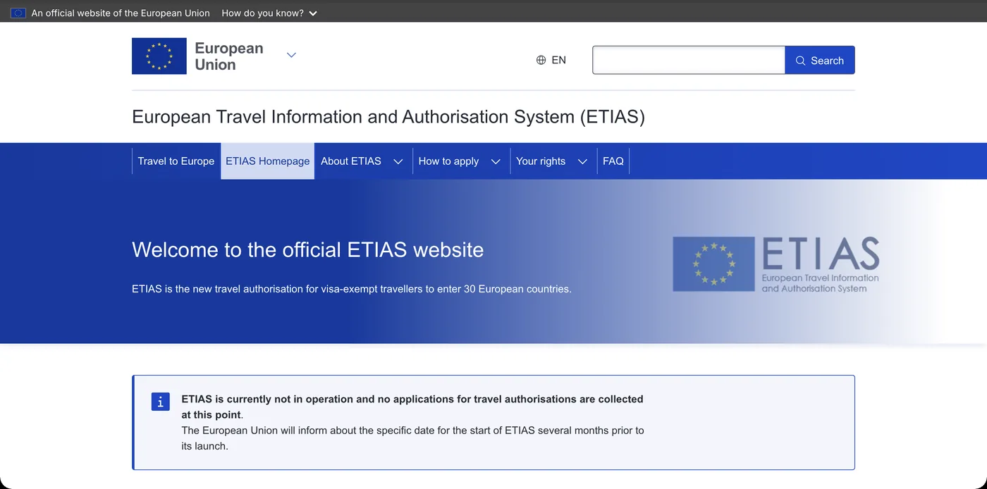Official ETIAS website with EU banner and the currently-not-in-operation notice