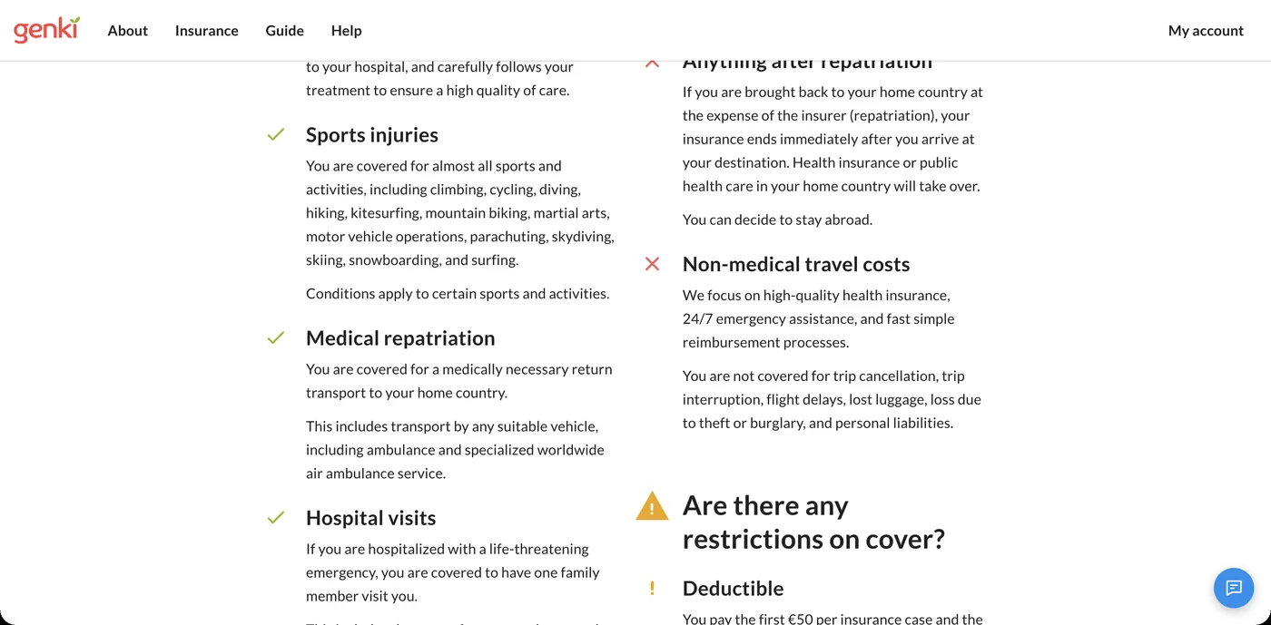 Genki Traveler page: not covered for trip cancellation, interruption, flight delays, lost luggage, theft or liability; 50 euro deductible per case