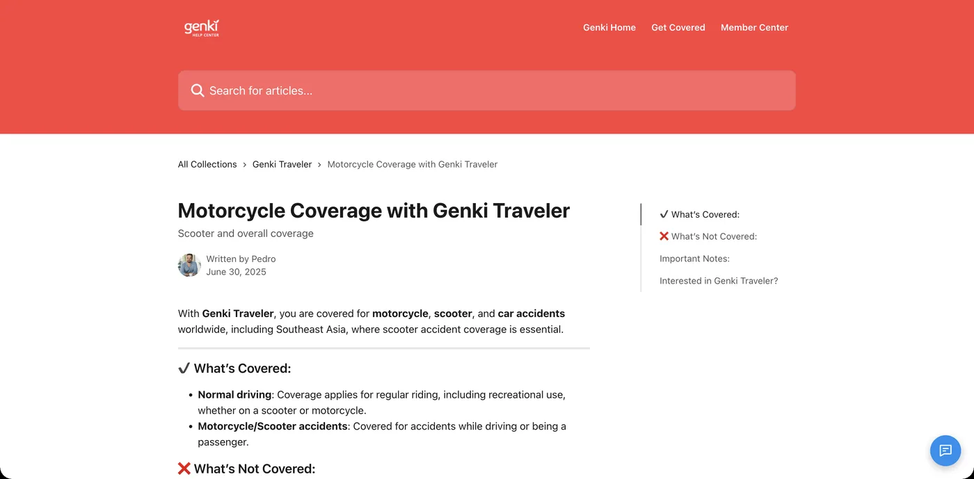Genki help centre article on motorcycle coverage with Genki Traveler