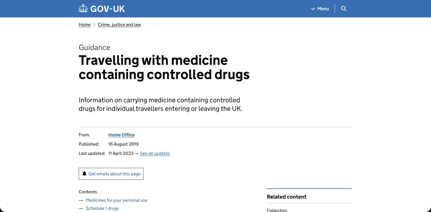 gov.uk guidance: travelling with medicine containing controlled drugs