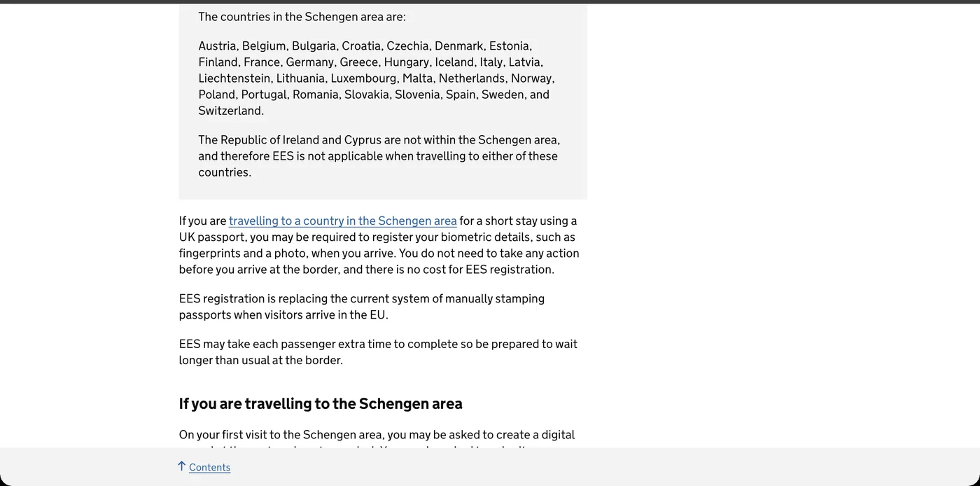 gov.uk EU Entry Exit System guidance: Schengen country list and no cost for EES registration