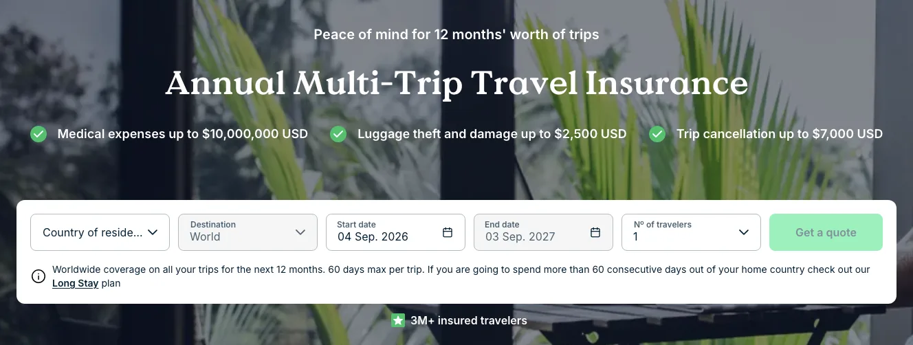 Heymondo annual multi-trip hero with the 60 days maximum per trip condition