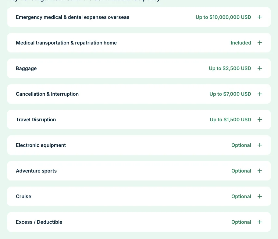 Heymondo single-trip benefit list: 10 million dollars medical, 1500 travel disruption, excess deductible optional