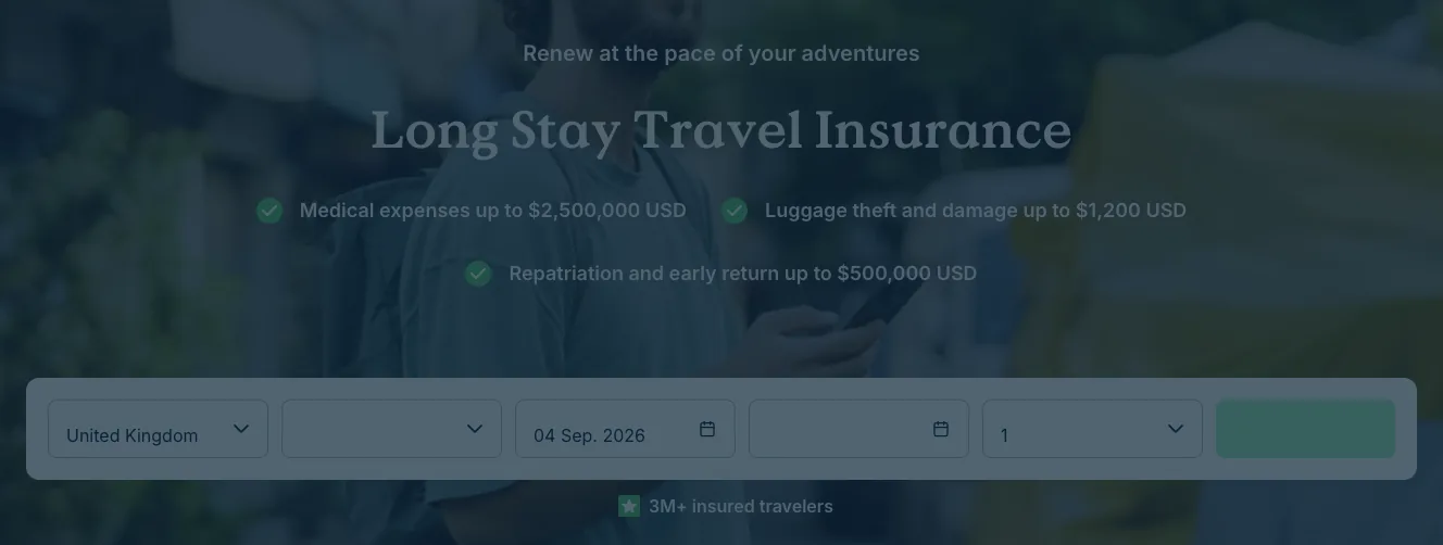 Heymondo Long Stay hero: medical expenses up to 2.5 million dollars, luggage 1200, repatriation 500000