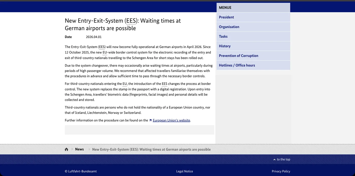 Luftfahrt-Bundesamt notice on the new Entry Exit System and possible waiting times at German airports