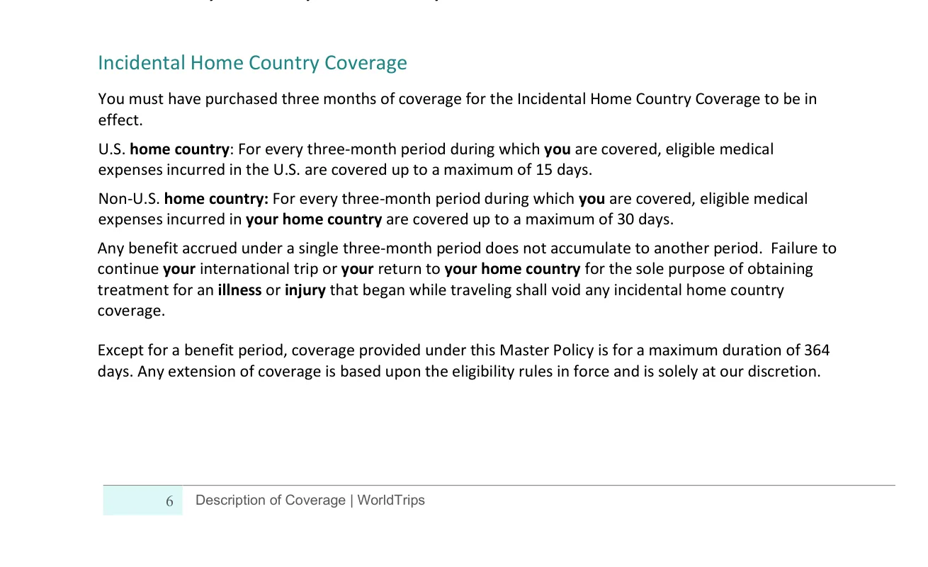WorldTrips Description of Coverage incidental home country coverage clause