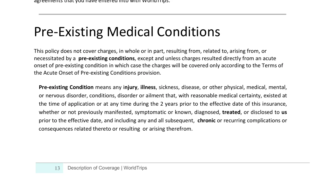 WorldTrips Description of Coverage pre-existing medical conditions clause with the two year lookback
