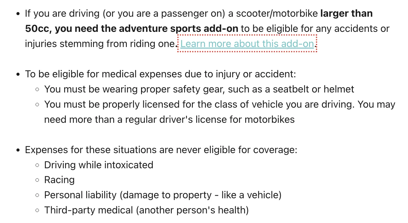 SafetyWing help centre motorbike rules: licence for the class, safety gear, no racing, Adventure Sports add-on above 50cc