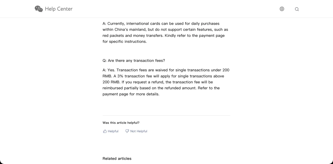 WeChat Pay help centre FAQ: transaction fees waived under 200 RMB, 3 percent above