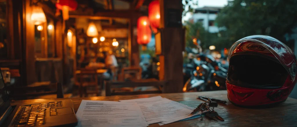 Guesthouse table with scooter helmet, rental keys and printed insurance policies at lamp light