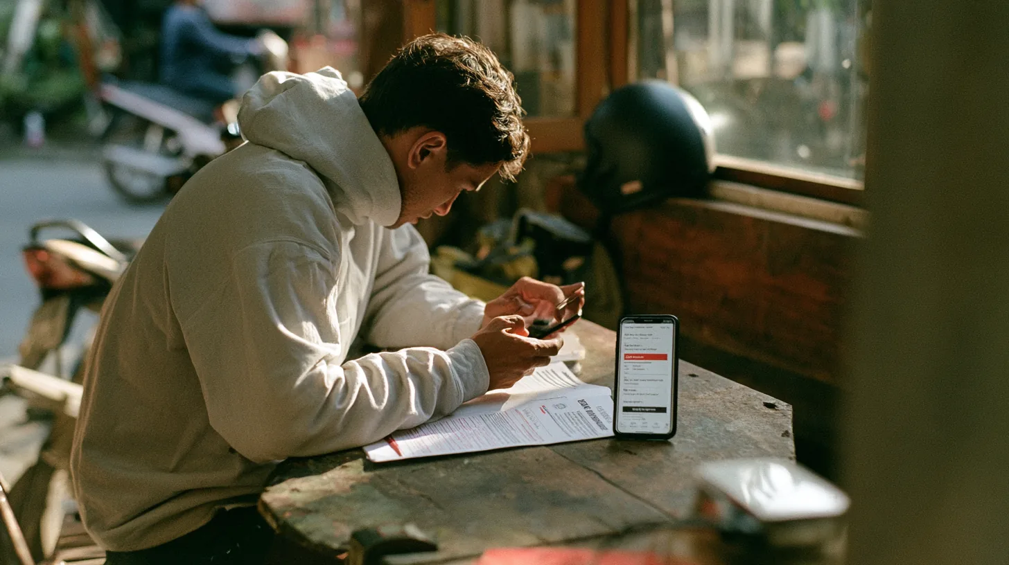 Traveller at a guesthouse table reading a printed policy beside a phone showing an insurance quote