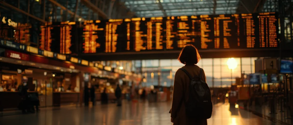 Lone traveller looking up at a departure board full of delays