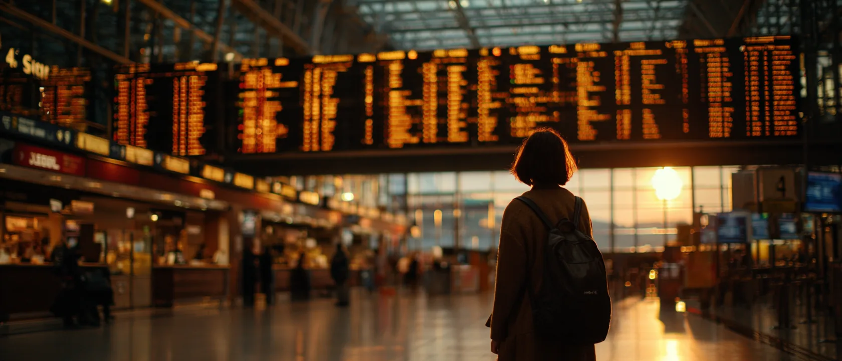 Lone traveller looking up at a departure board full of delays